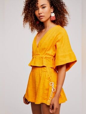 Free People Endless Summer Salty Air Shorts Set Cotton Mustard Size Small